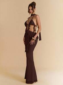 SHEIN BAE Rochie elegantă de vacanță, cu spate decoltat, cu volane albe și caisă, rochie de vară boemă, ținută de concert pentru femei - cafea maro - Vizualizare 5