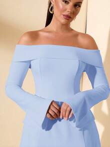 SHEIN BAE 女士秋季露肩长袖装饰鸡尾酒连衣裙，适合派对、约会之夜 - 淺藍色 - 查看 5