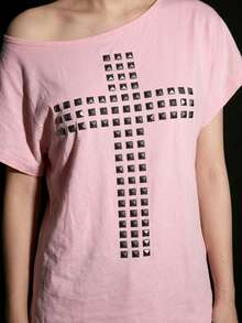 ROMWE Grunge Punk Y2K朋克十字铆钉设计激光切割宽松纯色百搭T恤 - 粉色 - 查看 4