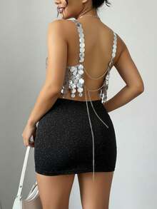 Crop top blusa lentejuelas grandes dama mujer - Plateado - Ver 2