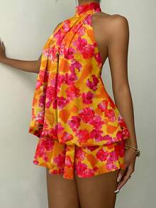 Aloruh 女士优雅橙红色涂鸦花卉印花露背系带迷你连衣裙，女士度假连衣裙，女士夜间外出连衣裙，女士夏季连衣裙，女士蜜月旅行装，海岛度假装，女士吊带裙，女士优雅音乐节连衣裙 - 橘色 - 查看 3