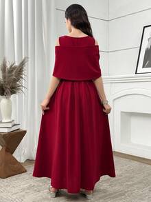 SHEIN Vestido maxi elegante de estilo princesa con hombros descubiertos, nudo retorcido y decoración de lazo para adolescentes y niñas, color burdeos, adecuado para bailes de graduación, fiestas, primavera/verano - Burdeos - Ver 2