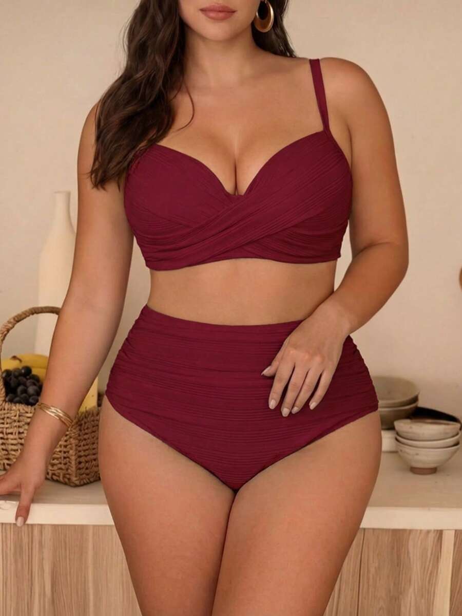Swim Chiccia 大码女式两件套纯色加厚时尚简约分体泳衣套装 - 酒紅色 - 查看 1