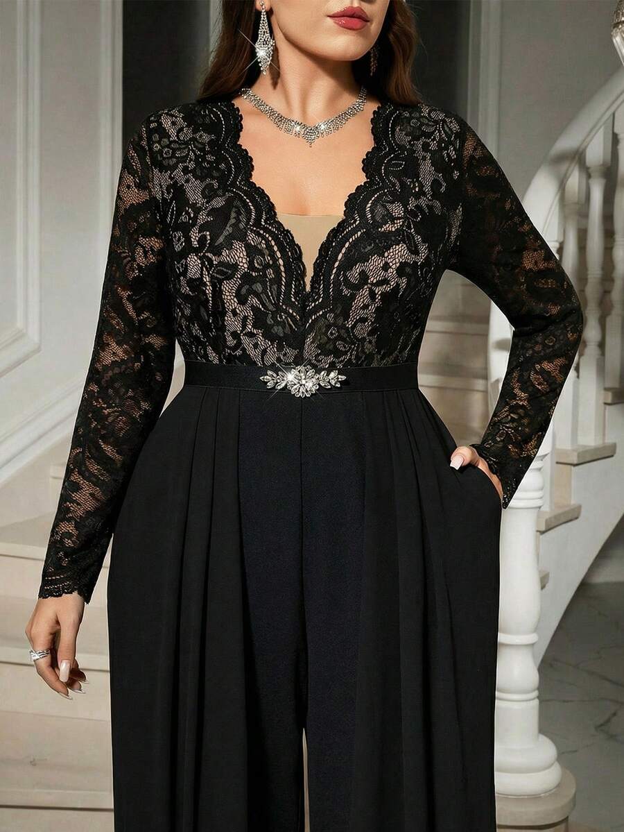 SHEIN Clasi 大码女式撞色蕾丝长袖褶皱阔腿优雅连体裤