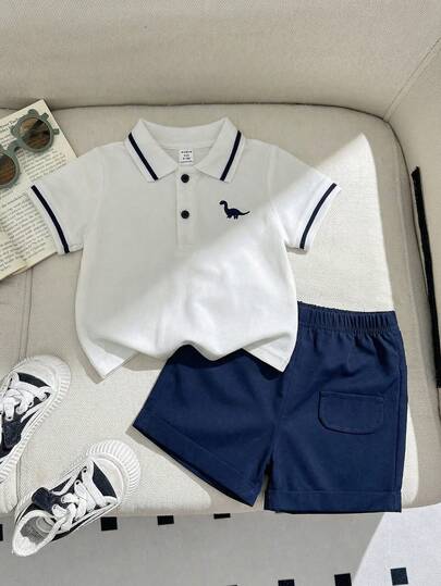 Souflis Souflis 男婴幼儿休闲日常外出绅士学院风 Polo 衫带领口袋短裤套装，蓝白配色，春夏款