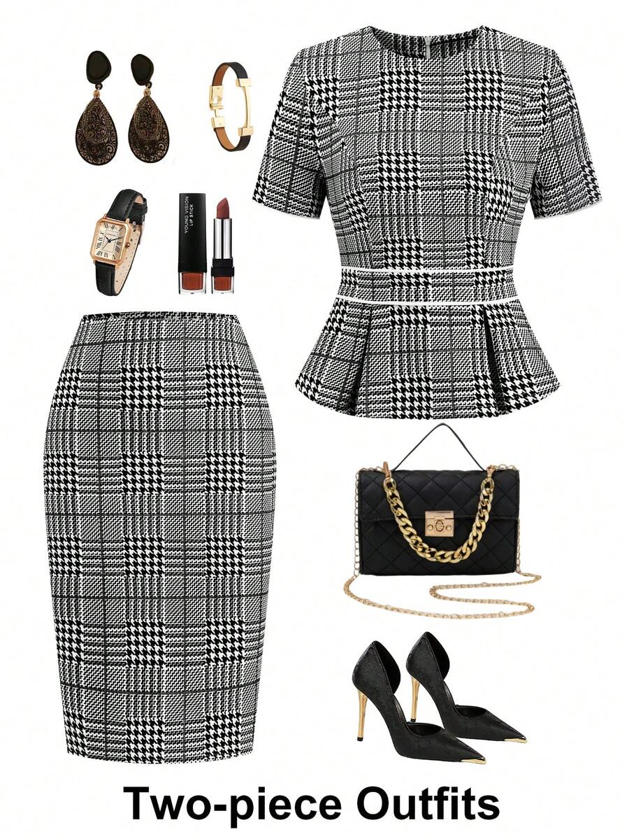 Ellevyn 女士优雅千鸟格印花短袖上衣和铅笔裙通勤套装，早春 - 黑與白 - 查看 1