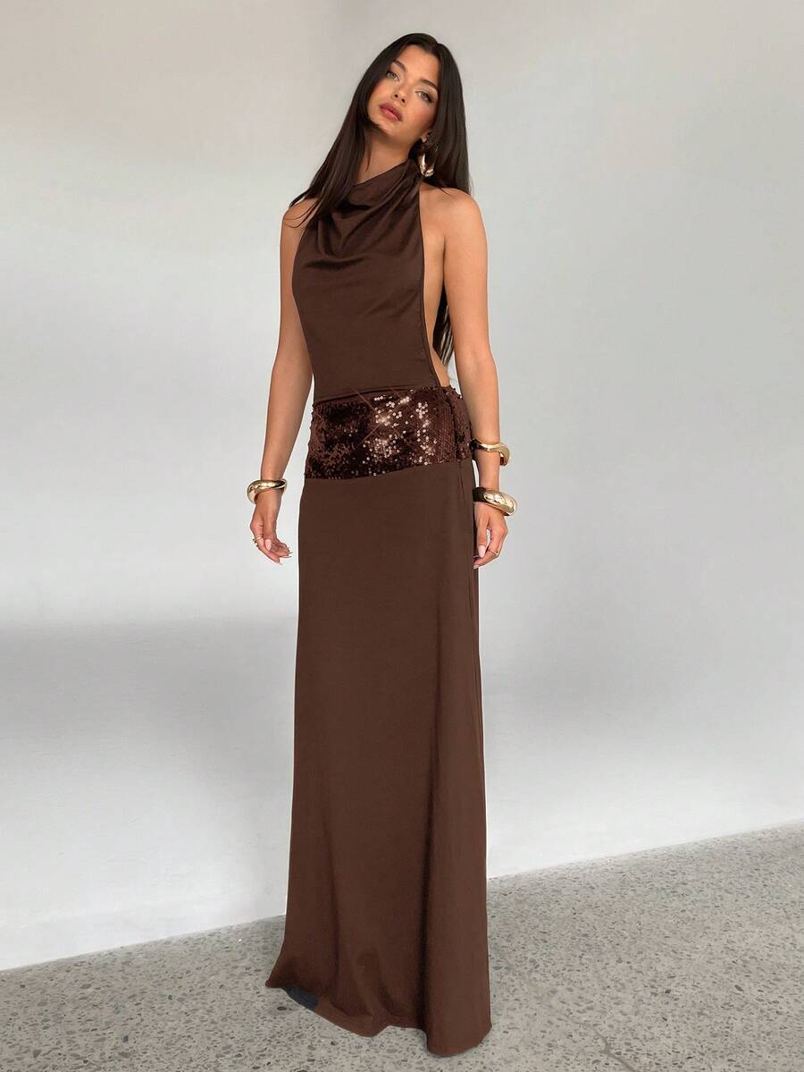 Aloruh Đầm đen đính sequin, hở lưng, cổ yếm - màu nâu - Xem 1