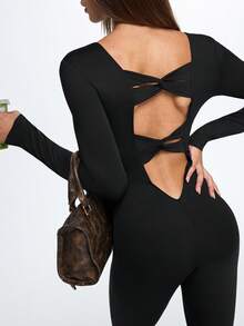 Eassivo Eassivo Bộ áo liền quần dài tay màu trơn hở lưng dành cho nữ - màu đen - Xem 1