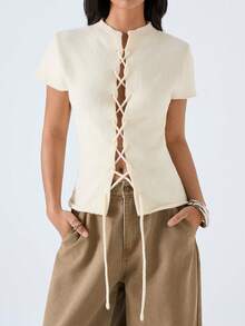 LYSMO Áo dệt kim tay ngắn cổ đứng màu trắng kem trơn, kiểu dáng tối giản, hàng mới về năm 2026, thích hợp mặc đi chơi trong kỳ nghỉ xuân/hè. - Màu be - Xem 3