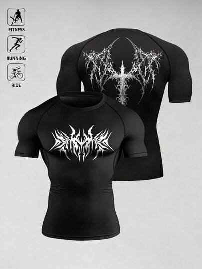 Manfinity Sport Polished Men's Cross Print Slim Fit Athletic T-Shirt Compression Shirt Men