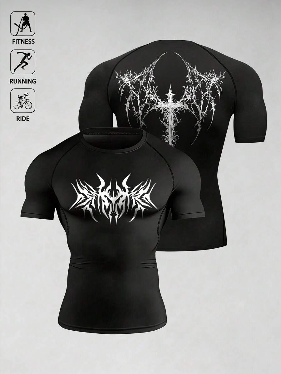 Manfinity Sport Polished Men's Cross Print Slim Fit Athletic T-Shirt Compression Shirt Men - Black - View 1