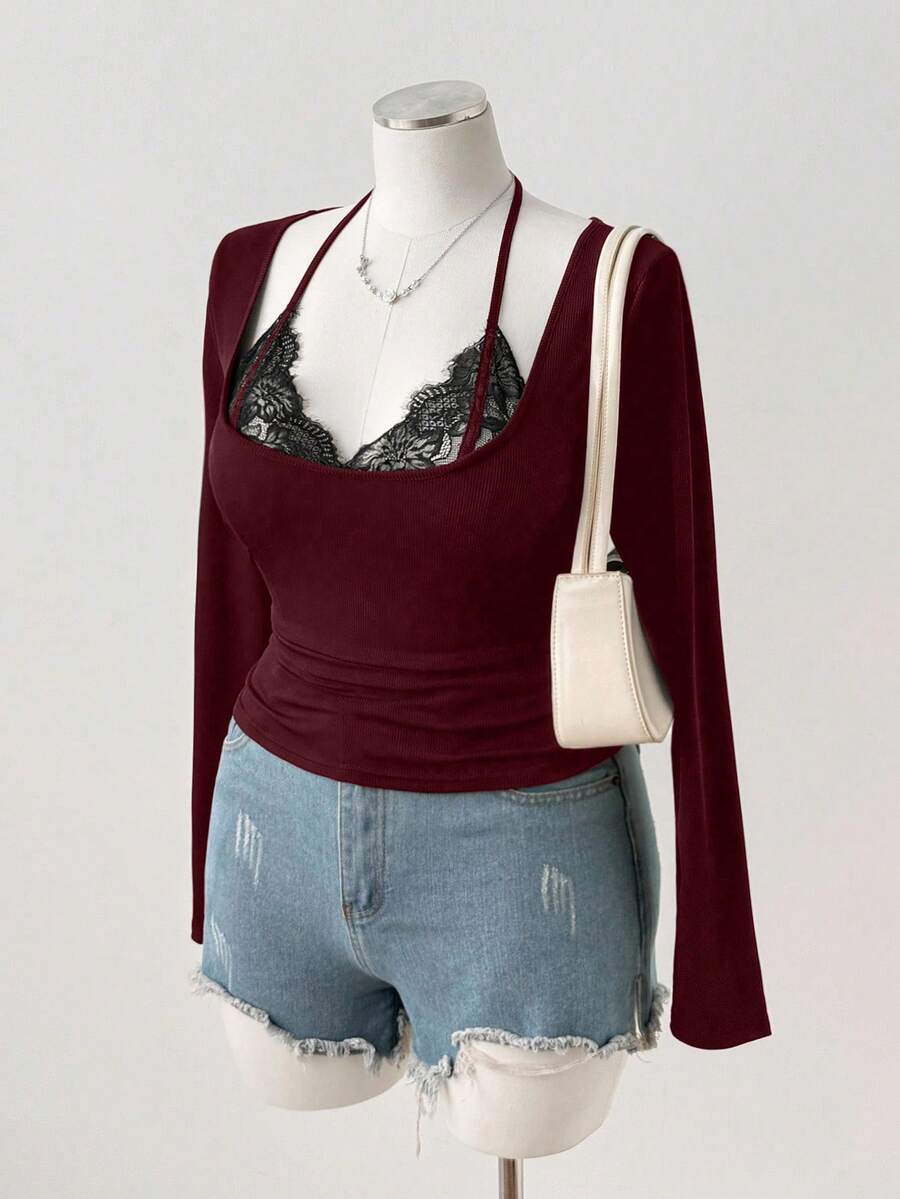Sunspun Lace Patchwork Sexy Slim Fit Minimalist Long Sleeve T-Shirt - Burgundy - View 1
