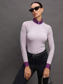 Activina Women's Contrast Zipper Half-Placket Stand Collar Long Sleeve Equestrian Top - Mauve Purple - View 7