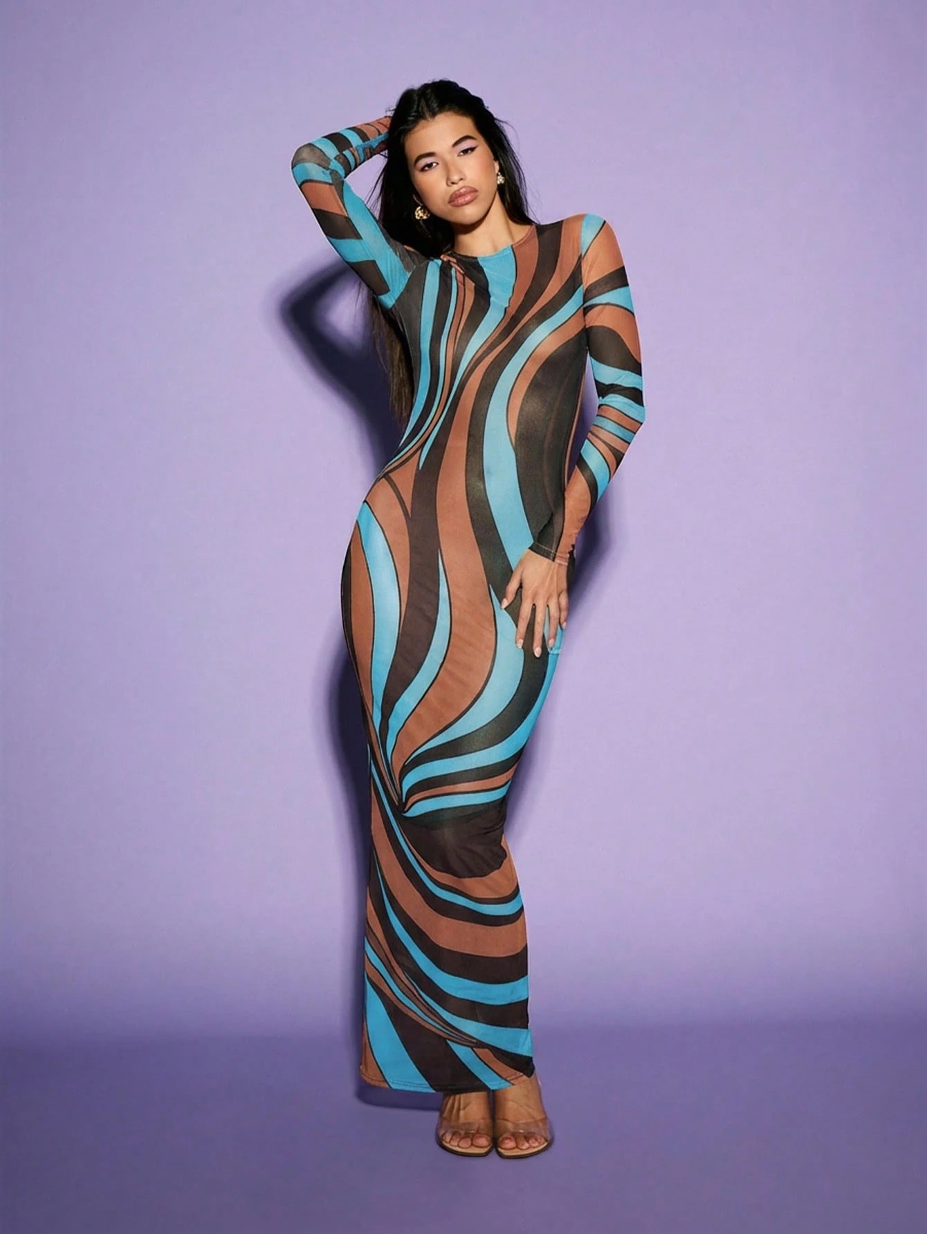 Robe longue KIZN transparente à manches longues et imprimé en maille