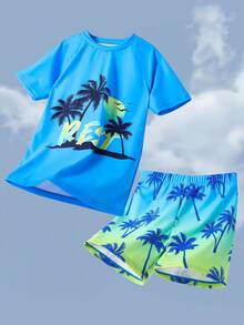 SHEIN Set de 2 piezas de traje de baño y pantalones cortos de natación con estampado de árbol de coco degradado, de cuello redondo y manga corta, para niños y preadolescentes - Azul - Ver 3