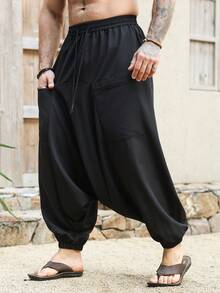 VENTUSAIL 男士纯色抽绳腰休闲百搭日常低裆哈伦裤宽松男士裤子哈伦裤男士宽松裤韩版裤男士日版裤男士复古风，适合日常休闲、周末旅行、户外活动、探险旅行、轻松的工作环境或半正式场合，也是送给男友/丈夫的礼物，周年纪念/生日礼物，派对、暑假、新年、婚礼、情人节等场合的理想选择。 - 黑色 - 查看 6