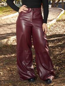 Lupita Cardoza Damen Burgund rote Leder Hose mit Knopfleiste, minimalistisch, Lässig, Alltagskleidung, Damenbekleidung - Bordeaux - Übersicht 4