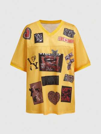 ROMWE Avant T-shirt à manches courtes imprimé lèvres et cœurs, style décontracté Y2K pour femmes