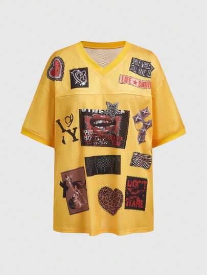 ROMWE Avant Camiseta de manga corta con estampado de labios y corazones de estilo casual y Y2K para mujeres