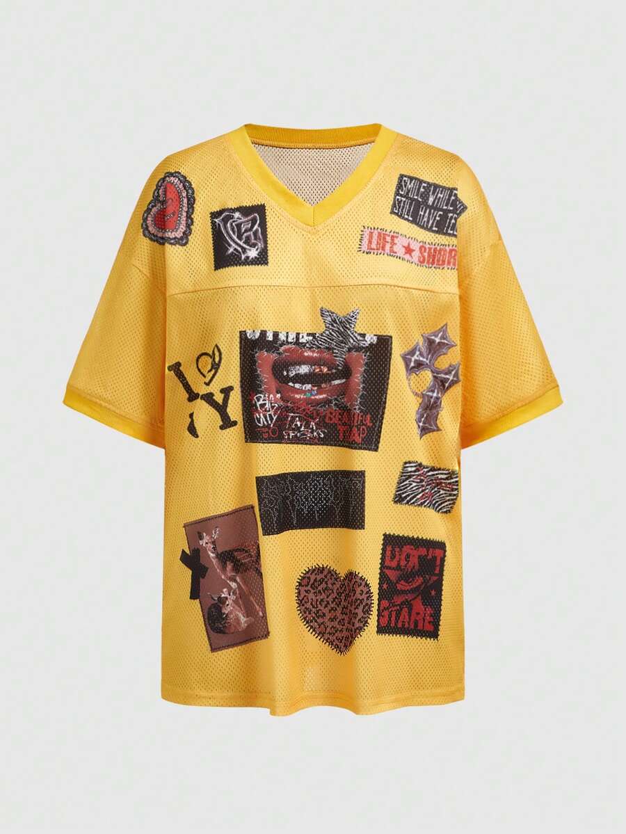 ROMWE Avant Kaos Lengan Pendek Kasual Musim Panas Gaya Y2K dengan Motif Bibir & Hati untuk Wanita - Kuning - View 1