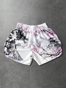 ROMWE MEN Anime Men's Japanese Style Printed Elastic Waist Loose Boxing Shorts - White - View 7