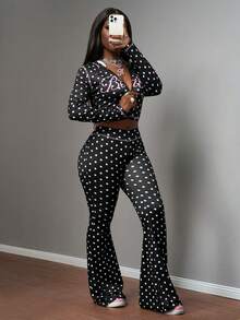 Slaydiva New Spring/Summer Casual Street Style Sexy Slim Fit Black Polka Dot Letter Print Hooded Cardigan Long Sleeve T-Shirt + Flared Pant Women Two Pieces Set.Suitable For Valentine's Day, Dates, Party, Gatherings, Holidays, Vacation,Nomadic Style, Beach, Seaside,Concerts, Everyday Outings, New Year's, Revelry, Brunch Outfits, Hot Girl, Wedding Guest Outfits, Wedding Season,-B Pants Set Two Piece - Multicolor - View 10