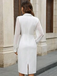 EMERY ROSE Women's Solid Color Wrap Long Sleeve Midi Dress Women Elegant Dress White Long Sleeve Dress - White - View 2