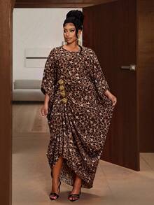 Maweii 褶皱金属装饰豹纹大码长袖休闲连衣裙，适合春、夏、秋、冬四季穿着，优雅派对礼服，适合圣诞节、感恩节、休闲、约会之夜等场合。 - 棕色 - 查看 1