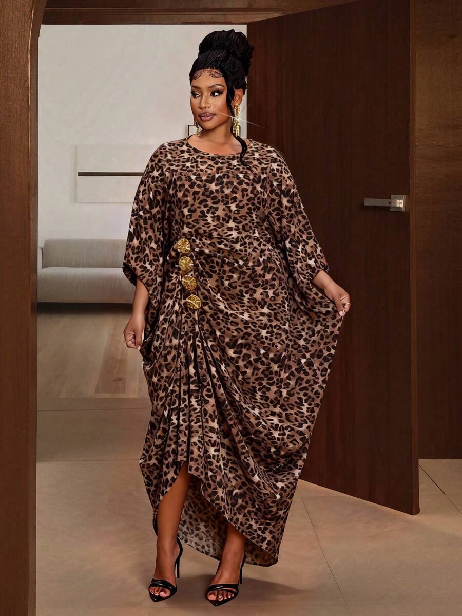 Maweii 褶皱金属装饰豹纹大码长袖休闲连衣裙，适合春、夏、秋、冬四季穿着，优雅派对礼服，适合圣诞节、感恩节、休闲、约会之夜等场合。 - 棕色 - 查看 1