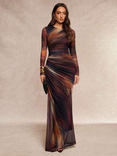 Silquee Este vestido de manga larga con cuello redondo de mujer en marrón con estampado de teñido anudado presenta una cintura ajustada con fruncido, que resalta el encanto femenino. Elegante y cautivador, es lo suficientemente versátil como para combinarse con cualquier cosa, desde citas, atuendos de temporada de bodas, fiestas de cóctel, fiestas/citas románticas, vestidos de noche, vestidos de día y noche, vestidos de dama de honor, elegantes y elegantes vestidos de fiesta, ropa formal, vestidos románticos de cita a largo maxi de malla de manga larga