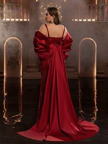 Glamrae Đầm dạ hội cỡ lớn sang trọng, thanh lịch màu đỏ đính sequin thêu họa tiết, chất liệu satin co giãn, kiểu trễ vai, tay phồng cánh bướm, dáng đuôi cá, thích hợp cho tiệc tối, tiệc độc thân, hẹn hò, dạ hội, kỳ nghỉ, lễ cưới (chất liệu dày dặn). - Đỏ - Xem 3