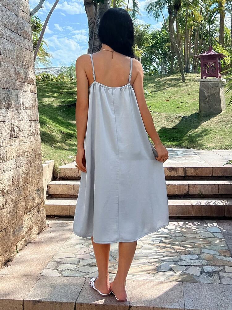 Lace Patchwork Satin Long Slip Dress For Women