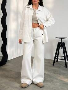SHEIN Women's Casual Fashion Street Style Everyday Commute Patchwork Pocket Denim Jacket And Wide Leg Jeans Set, Spring/Autumn - White - View 1