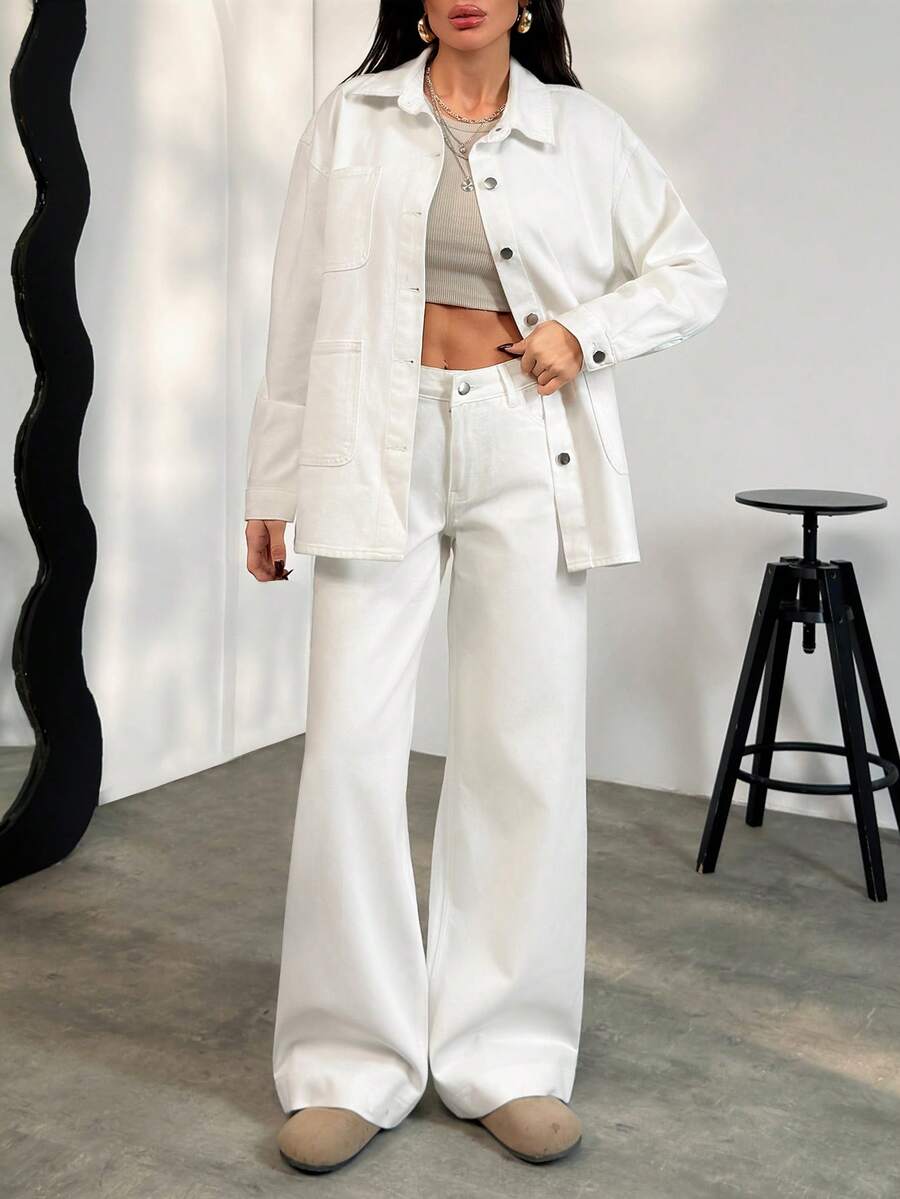 SHEIN Women's Casual Fashion Street Style Everyday Commute Patchwork Pocket Denim Jacket And Wide Leg Jeans Set, Spring/Autumn - White - View 1
