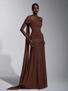 Elitara Elegant Gray Minimalist Off-Shoulder Ruched Asymmetric A-Line High Slit Dress, Suitable For Weddings, Formal Events, Galas, And Cocktail Parties - Brown - View 7