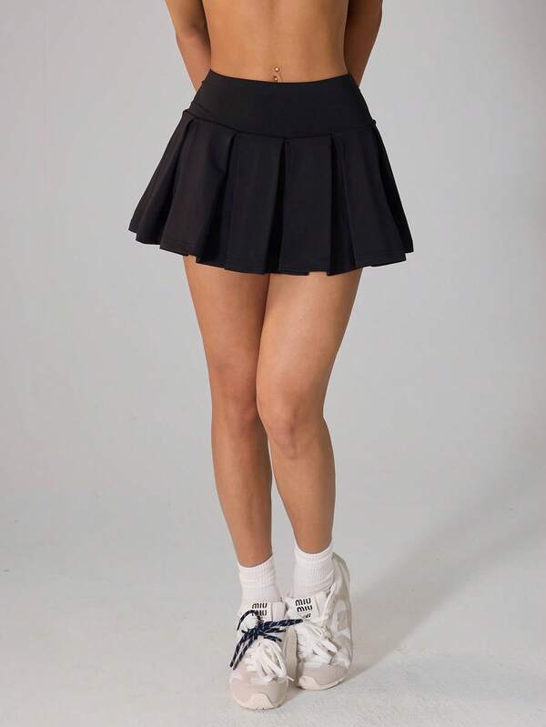 SHEIN PETITE Solid Color Collegiate Style Casual Knit Pleated Super Mini Skirt