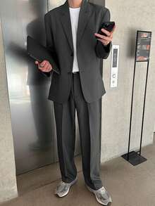 DAZY 男士纯色深灰色西装外套和裤子套装，春秋季 - 深灰色 - 查看 4