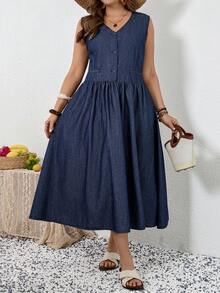 EMERY ROSE Đầm denim dáng rộng, màu trơn, không tay, cổ chữ V, thắt nơ, có túi. - Màu xanh lam - Xem 4