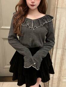 FRIFUL 女士休闲时尚T恤，荷叶边拼接喇叭袖长袖 - 黑色 - 查看 5