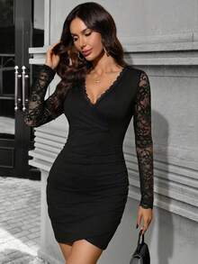 SHEIN Clasi Women's Elegant Lace Patchwork V-Neck Cross Long Sleeve Asymmetrical Hem Fitted Bodycon Mini Dress Lace Black Dress Black Club Dress Black Mesh Dress Black Sexy Dress Women Long Sleeve Elegant Dress - Black - View 1