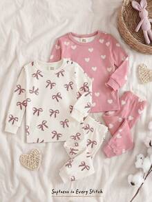 Cozy Pixies 4 pezzi Set pigiama da bambina con maglietta a girocollo in maglia morbida con cuori e fiocchi, e leggings in vita elastica, aderente - Rosa - Visualizzare 9