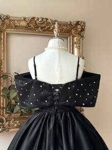 Lovelzi 女士优雅红色缎面超大蝴蝶结袖连衣裙，珍珠装饰蝴蝶结和前系带A字裙摆，适合派对、晚宴、圣诞舞会等场合。 - 黑色 - 查看 8