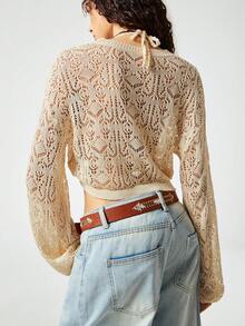 Chiquease 新款夏季极简镂空短款针织毛衣，女式钩编蕾丝短款上衣，70年代西部牛仔短款上衣，女式钩编短款套头衫，女式针织两件套短款毛衣，女式针织上衣，夏季套头衫，女式针织上衣，短款毛衣，女式针织上衣，奶油色短款毛衣，女式钩编上衣 - 米色 - 查看 2