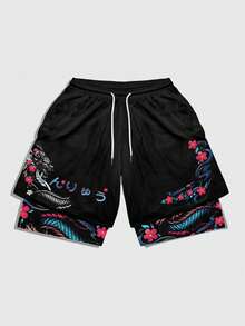 ROMWE MEN Anime Men's Casual 2 In 1 Print Drawstring Shorts - Multicolor - View 4