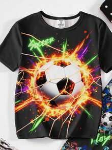 一套男童夜光足球印花修身短袖上衣和长裤睡衣套装，春夏款
