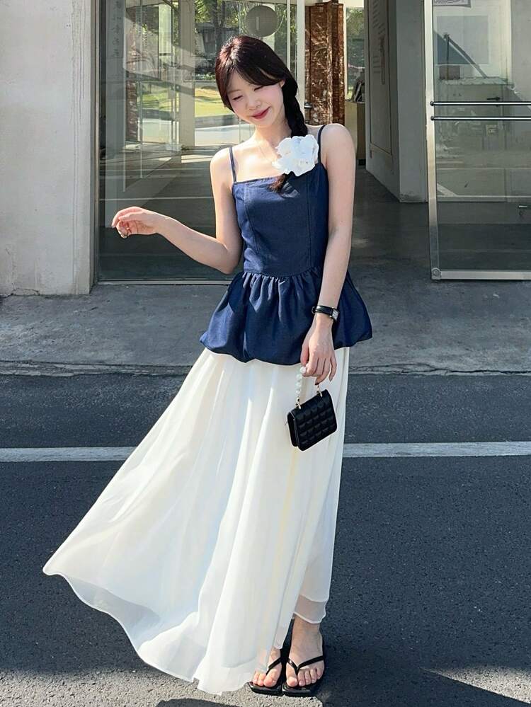 Women's Contrast Color Camisole Shirt & Lace Hem Skirt Two Pieces Set, Casual Korean Style For Summer