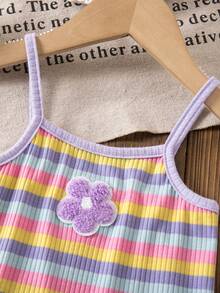 Babygirl Cute Casual Knit Striped Floral Pattern Camisole Romper - Multicolor - View 5