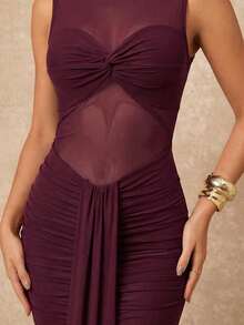 Lumalex Đầm không tay cổ xếp ly phối lưới màu trơn dành cho nữ - Màu Đỏ Sâu - Xem 10