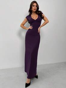 Firerie Elegant Sexy Versatile Bodycon Black Maxi Dress For Valentine's Day, With Deep V-Neck, Cap Sleeves, And Waist Tie Design Purple Dress Elegant Purple Bodycon Dress - Purple - View 3
