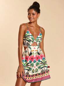 Travachic 女士镂空性感吊带热带植物印花度假连衣裙，适合狂欢节、春假、夏季、情人节、海滩、休闲度假、外出、夏季派对等场合。 - 彩色 - 查看 6